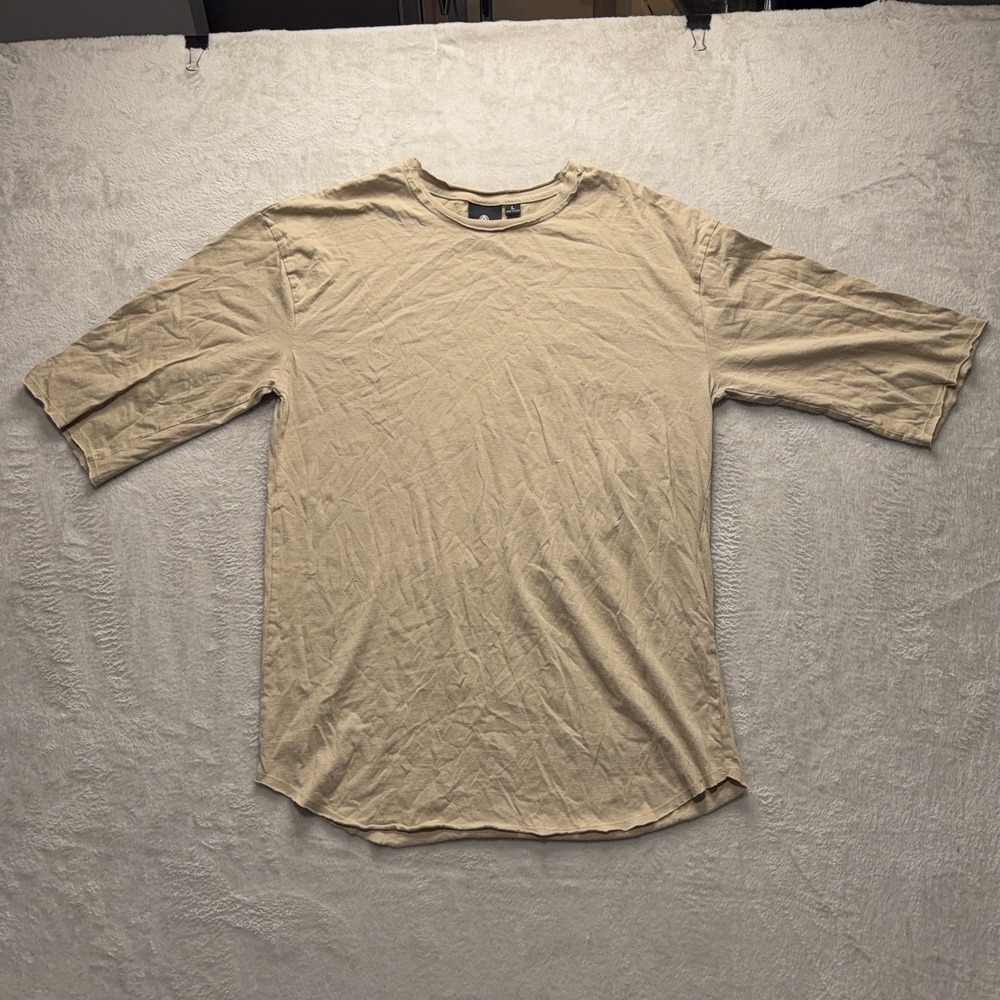 Akademiks Longline T-Shirt Men's L Tan Curved Scallop Hem Distressed Tee